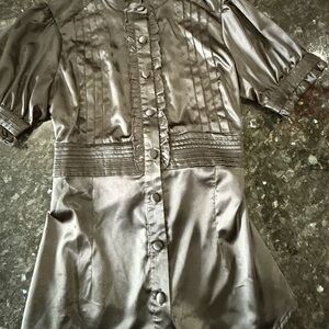 Gothic Black Satin Button-Down Short-Sleeve Blouse w/ Tie Back (adjustable)